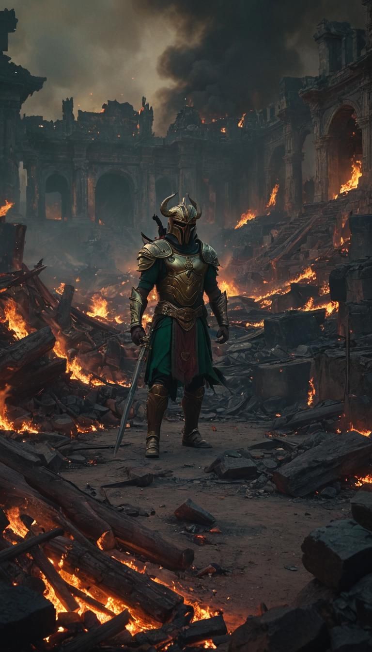 Ravan Amidst Fire and Destruction in Fantasy Art