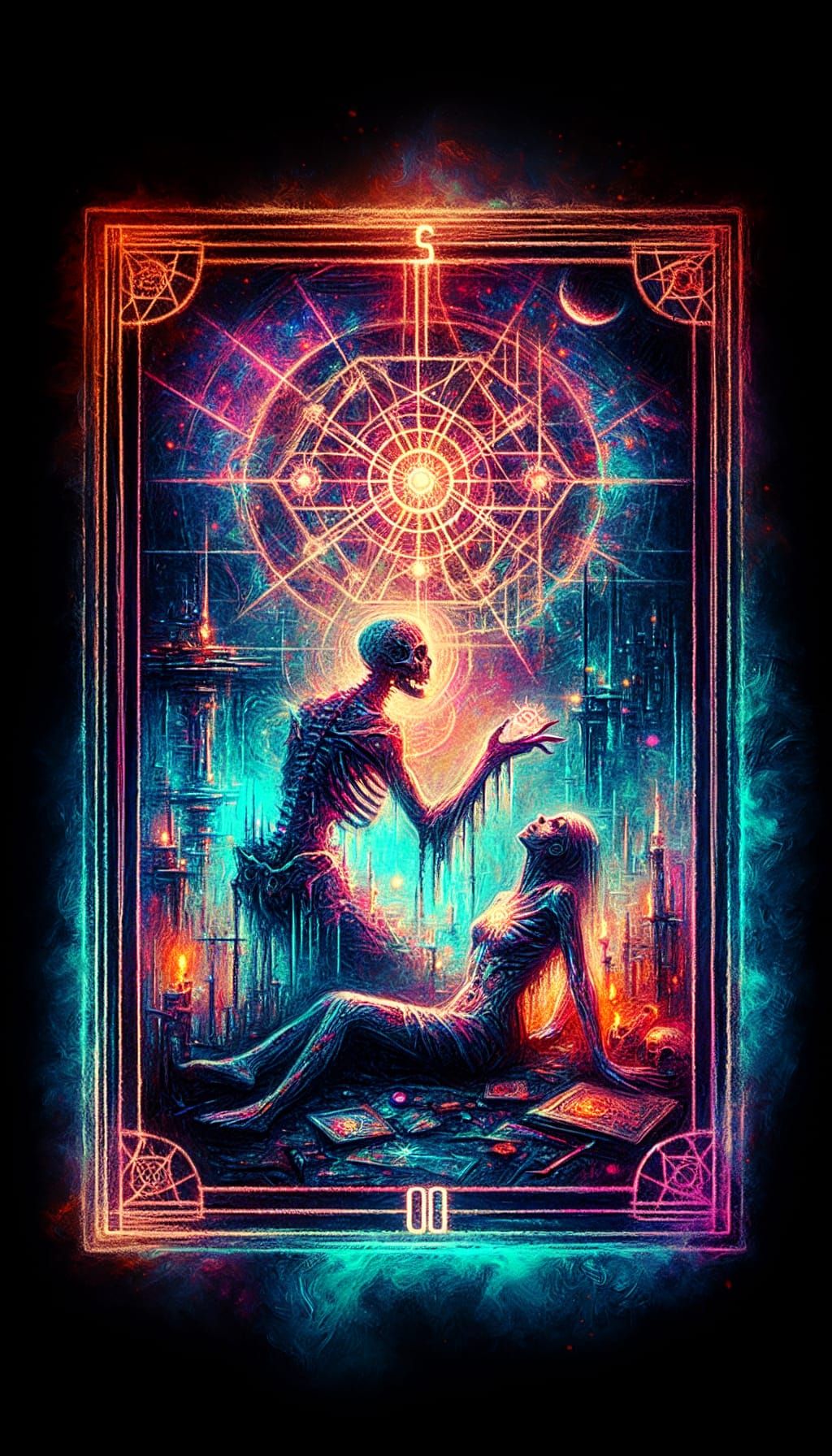 Cyberpunk Tarot Card: Two of Decagram in Charcoal Style