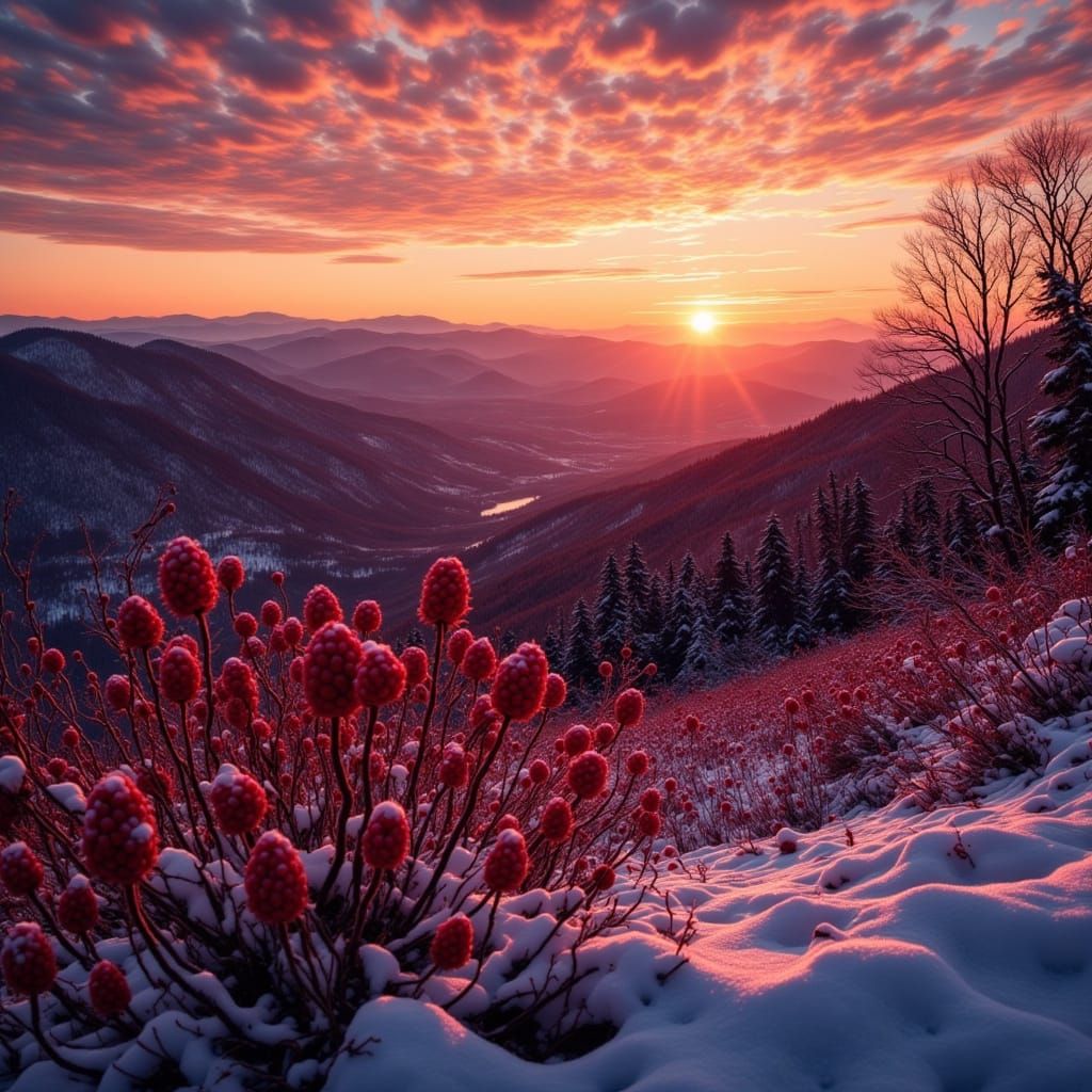 Raspberry Bushes Silhouetted by Snowy Appalachian Sunset