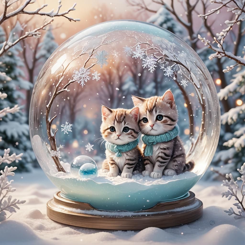 Chibi Kittens Petting Snow Cat in Winter Globe