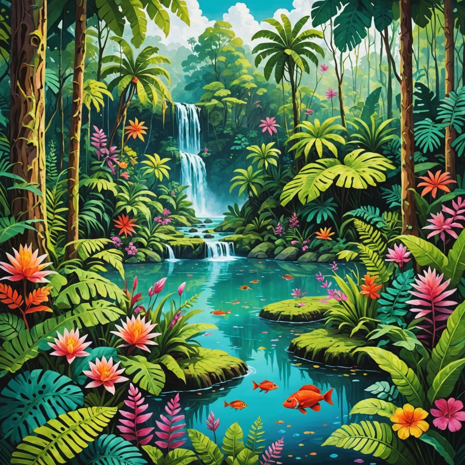 Tropical Rainforest Oasis with Vibrant Flowers and Waterfall