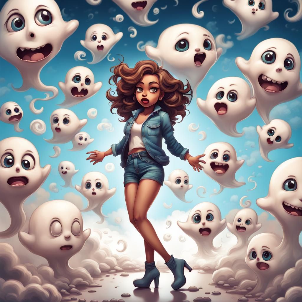 Chibi Woman Scared by Ghosts in Photorealistic Style