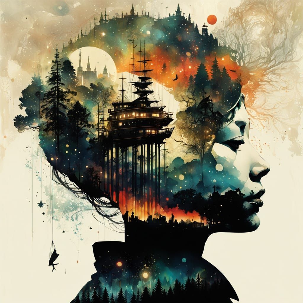 Surreal Double Exposure of Galaxy and Dragon Silhouette in U...