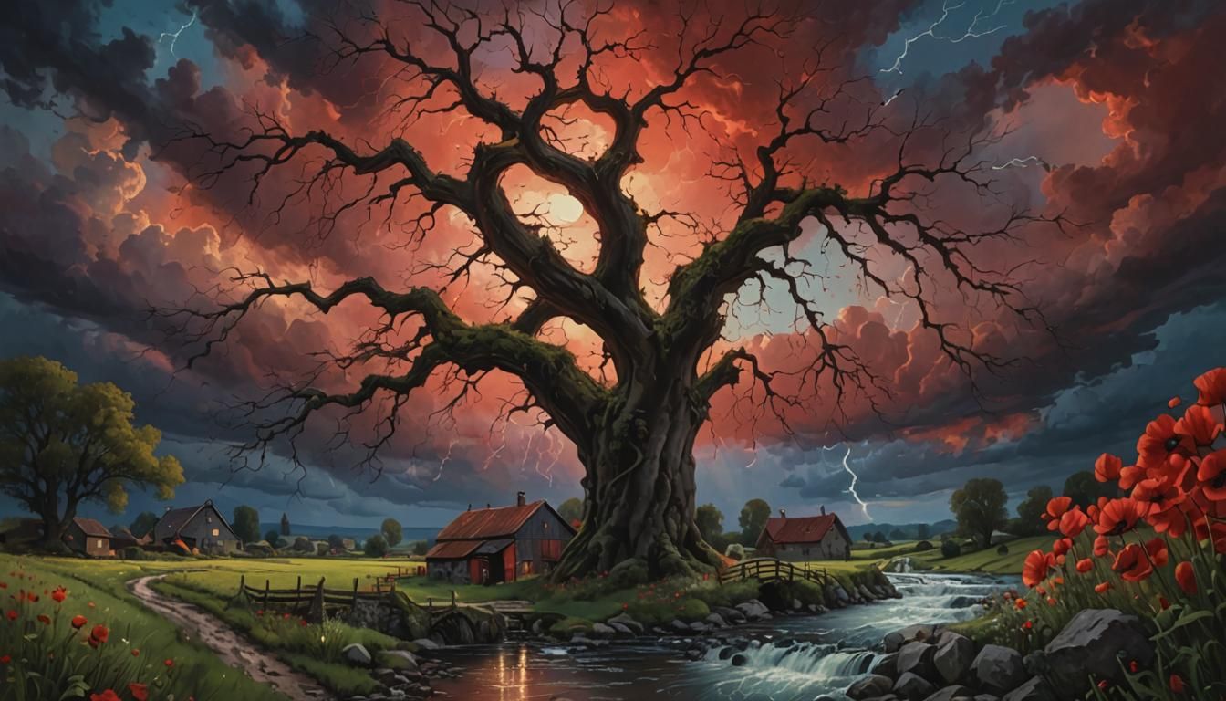 Dramatic Storm Clouds and Watermill Painting