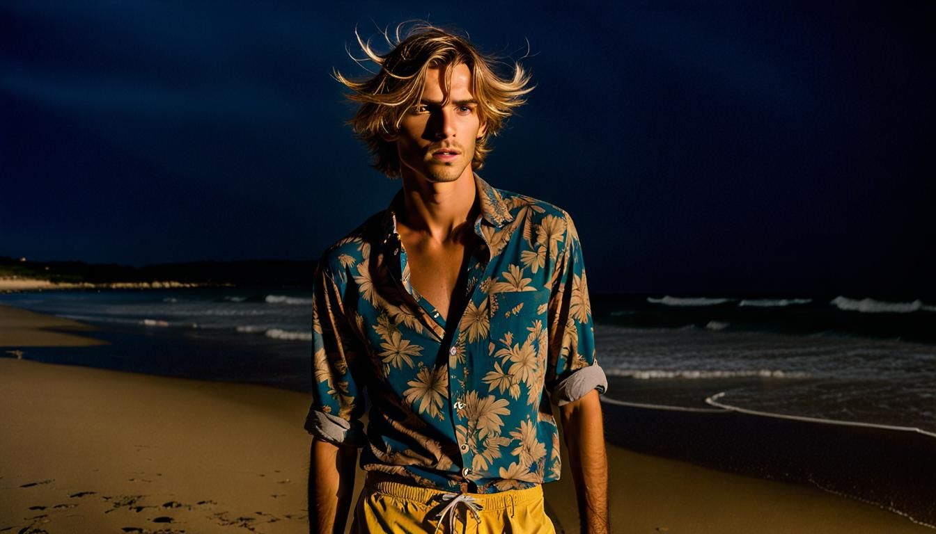 Moonlit Beach Portrait of Young Man in Erwin Olaf Style