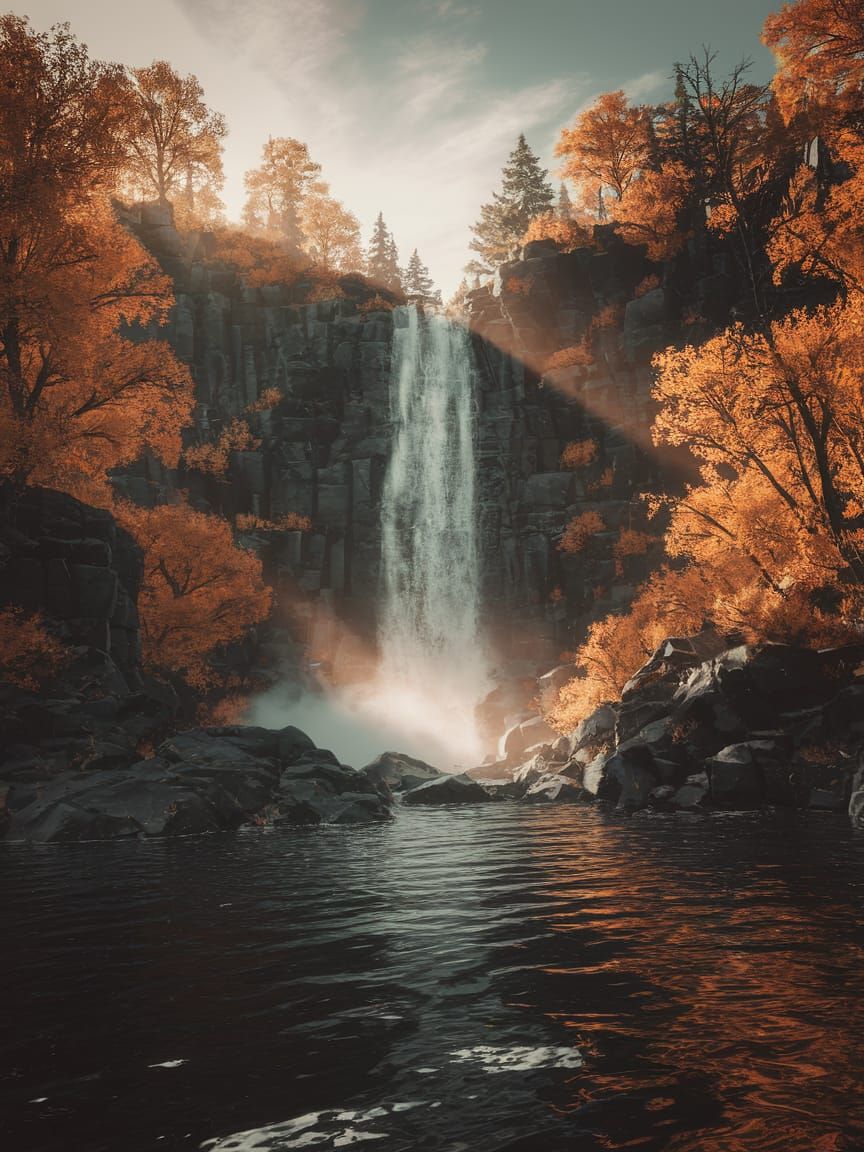 Grimdark Autumn Waterfall in Dramatic Sunlight