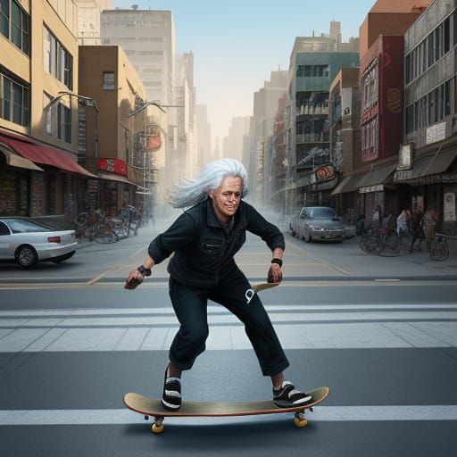 Elderly Skateboarder in Vibrant Urban Scene