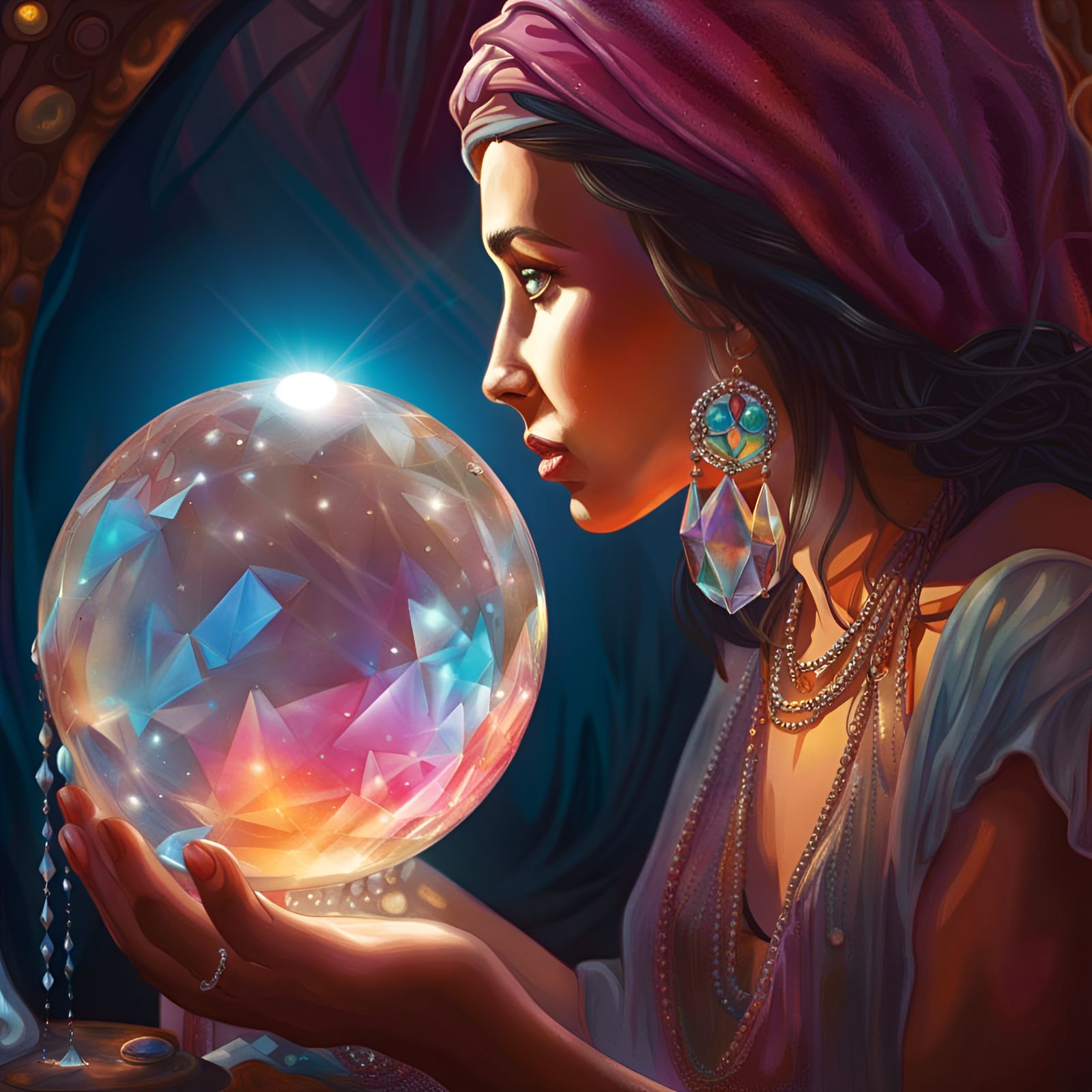 Gypsy Woman Gazing into Crystal Ball: Hyperrealistic Art