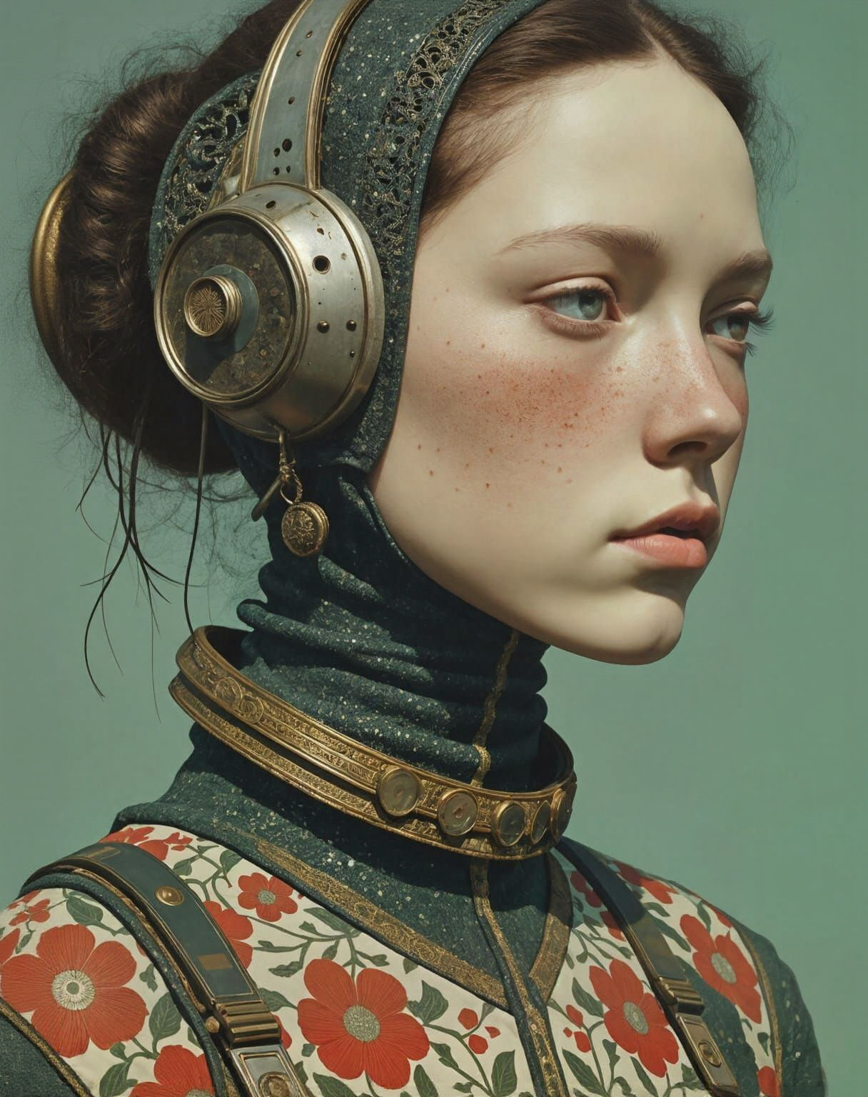 Cybernetic Portrait with Floral Accents