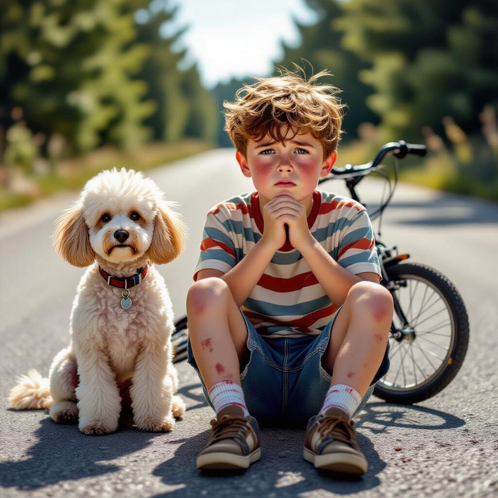 Sorrowful Boy with Poodle on Asphalt Road