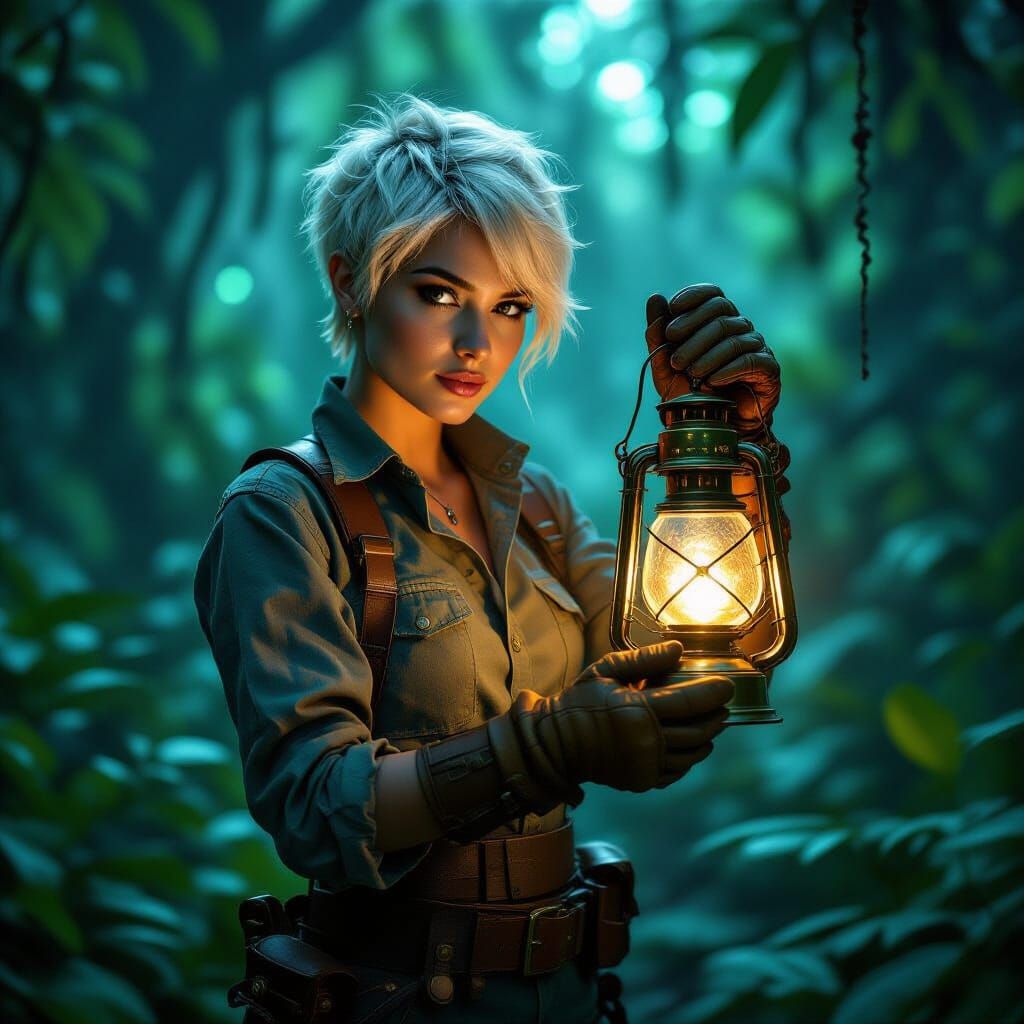 Bioluminescent Jungle Botanist in Dreamlike Landscape