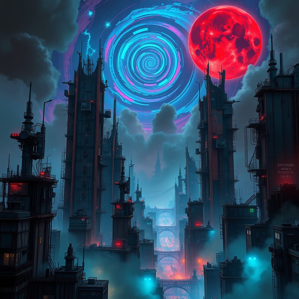 Cyberpunk Cityscape Under a Swirling Galaxy