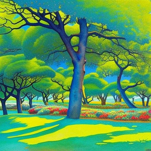 Giant Apple in Orchard, Impressionist Gouache Painting