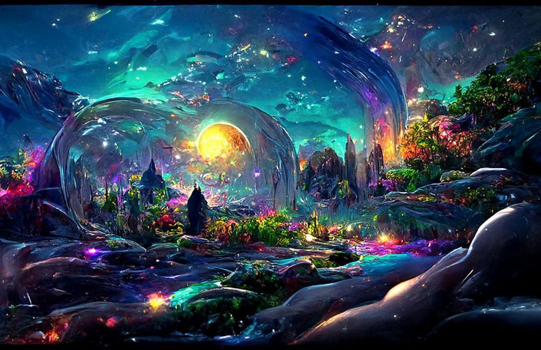 Luminous Alien Landscape with Sparkling Flowers