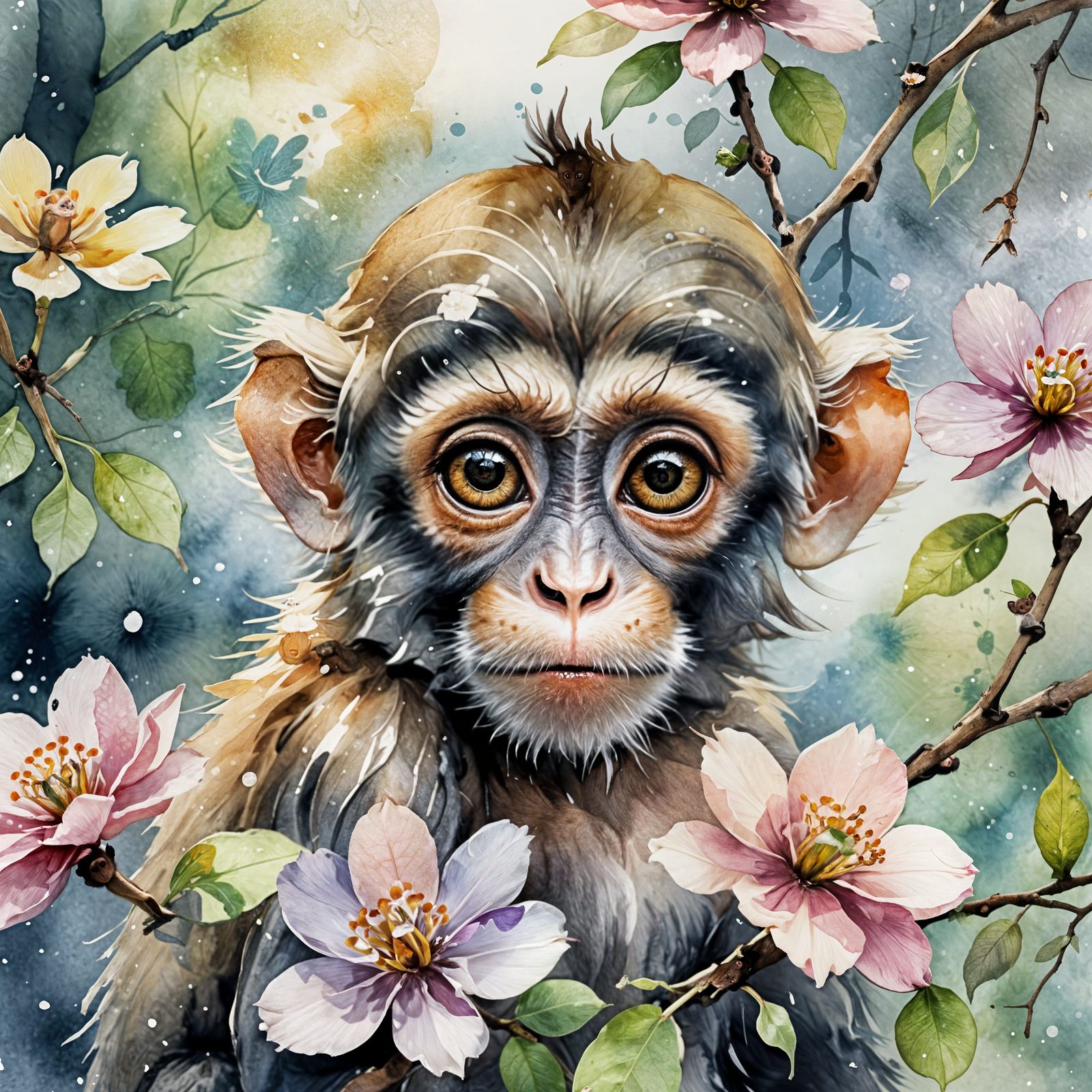 Cute Monkey in Misty Flower