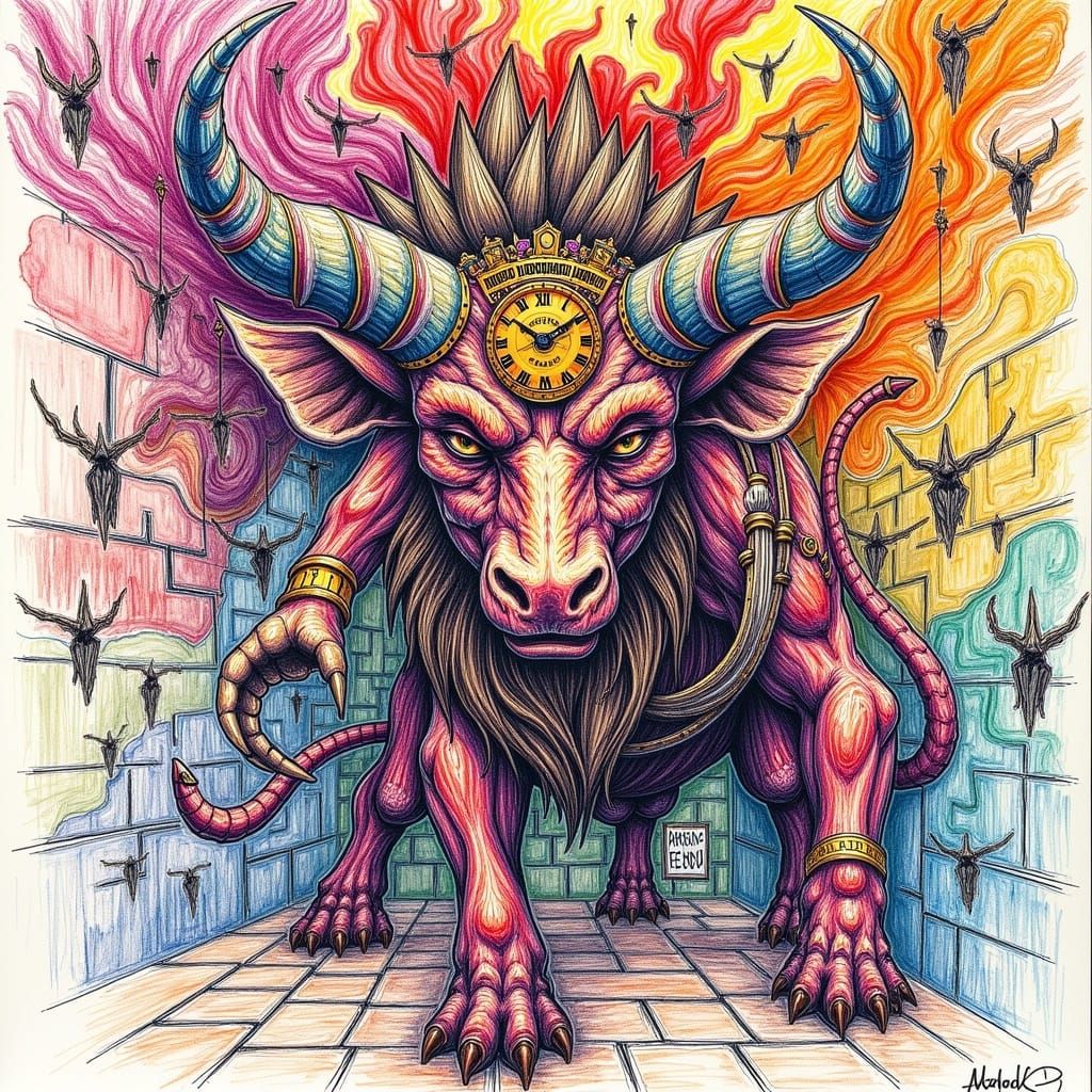 Clockwork Minotaur in Labyrinth, Alcohol Ink Portrait