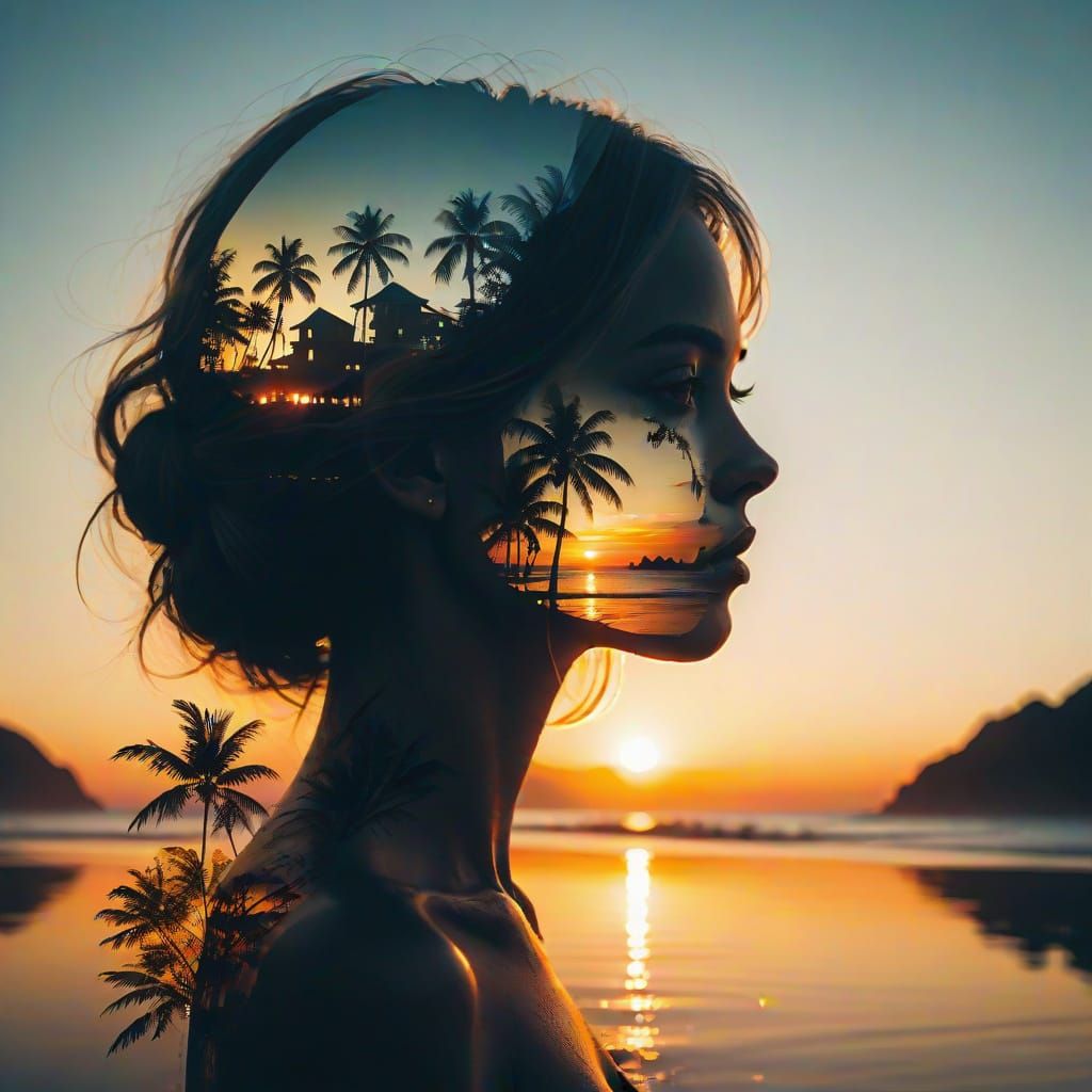 Sunset Silhouette on Beach, Ultra Realistic Double Exposure ...