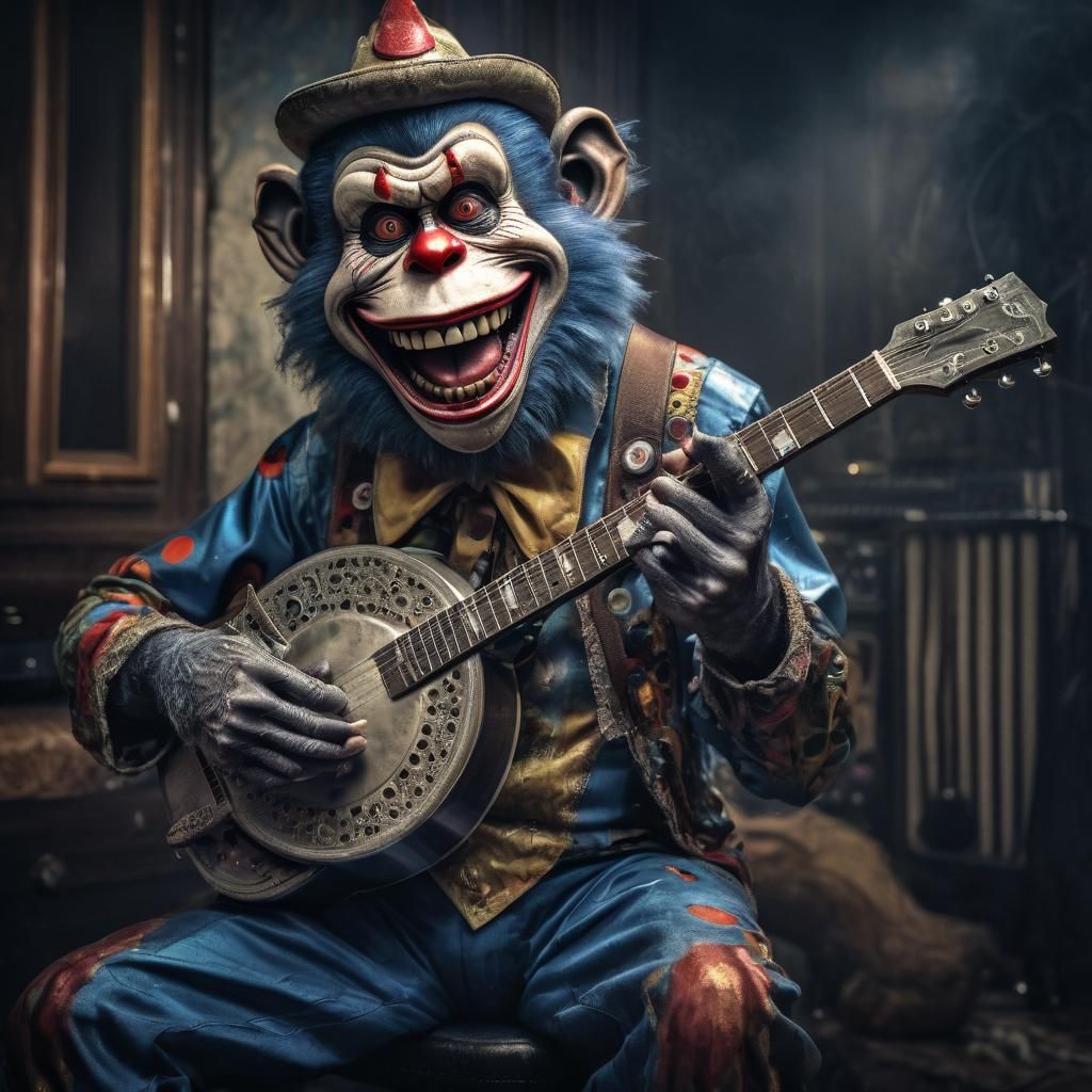 Hyperrealistic Zombie Monkey Clown Blues Guitarist