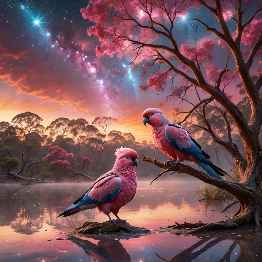 Galah's on dusk sunset lake, shhhh AI dont know these are pa...