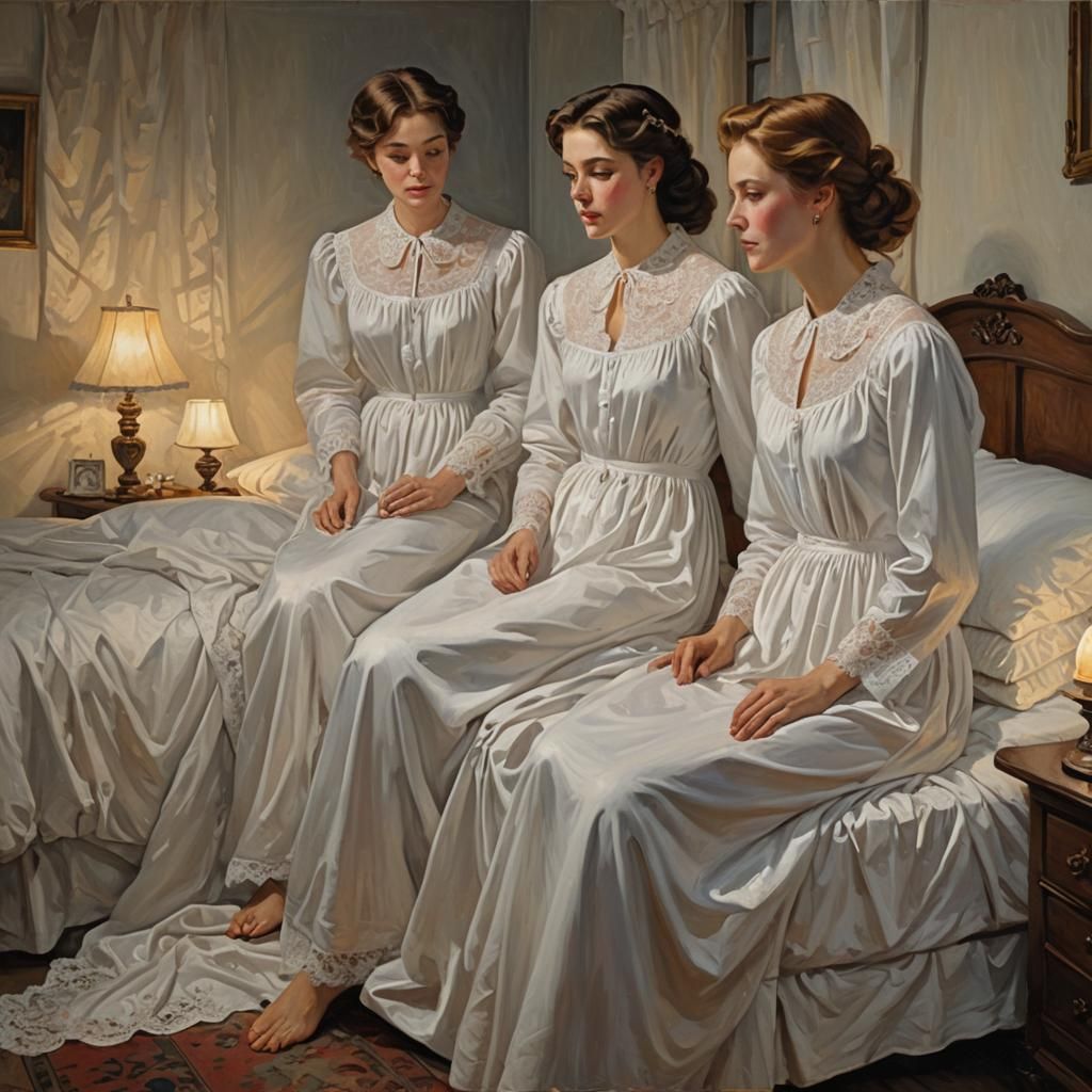 Candlelit Bedroom Scene with Two Women in White Gowns