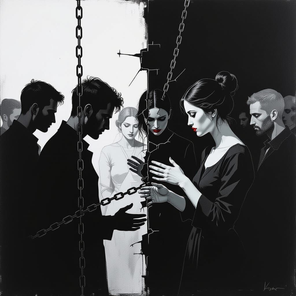 Ink Sketch of Fragmented Figures Conveying Isolation