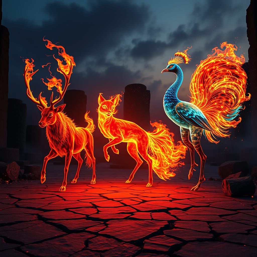 Blazing Fire Creatures Emerging from Darkness