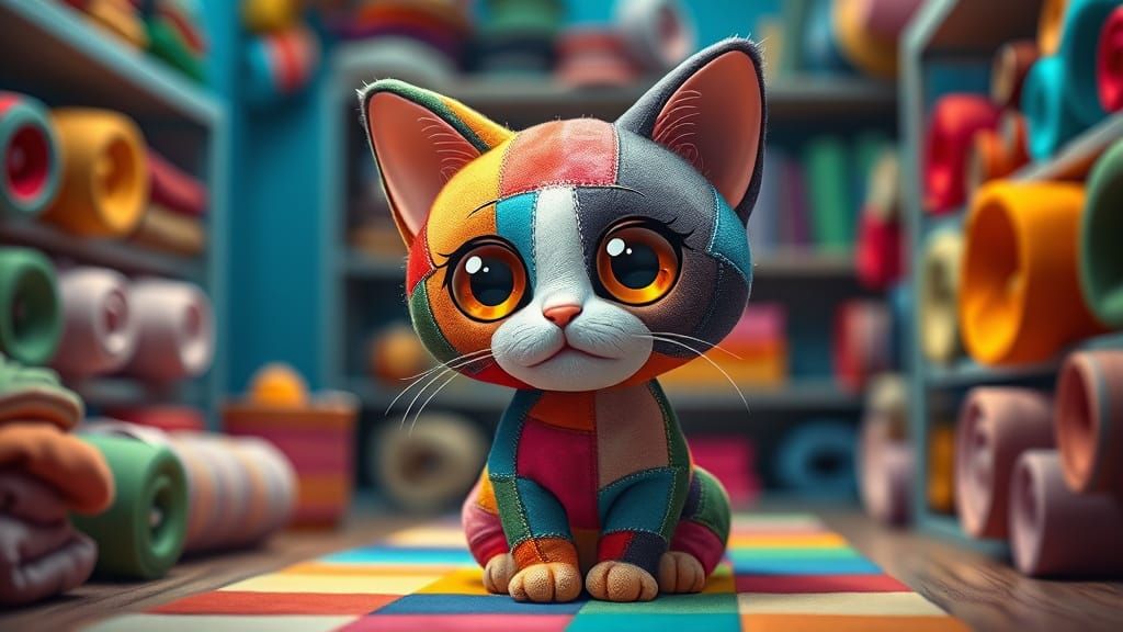 Charming Patchwork Feline in Vibrant Playroom