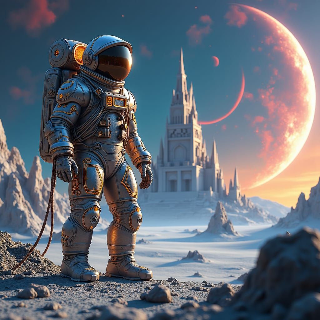 Astronaut on Moon with Ancient Lunar Temple