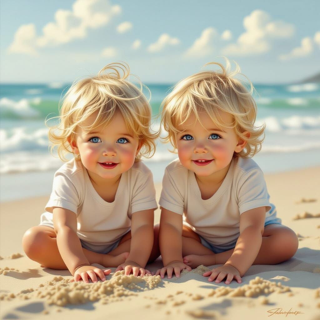 Twins on Beach in Ethereal, Golden Light