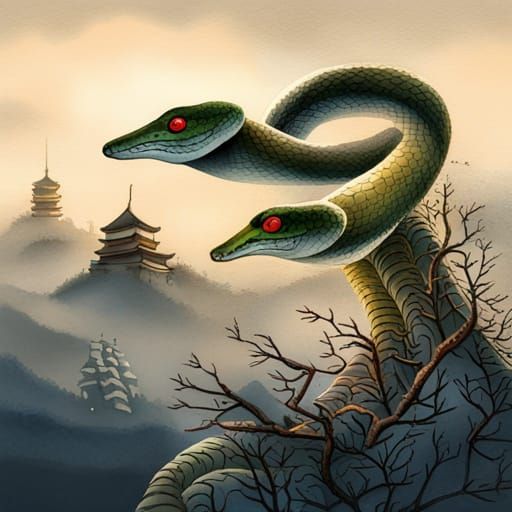 Japanese Watercolor Snake Illustration