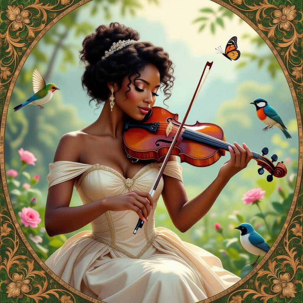African American Woman Plays Violin in Nature, Art Nouveau S...