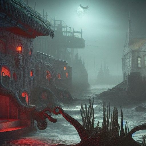 Eldritch Dark Fantasy Innsmouth in Detailed Matte Painting