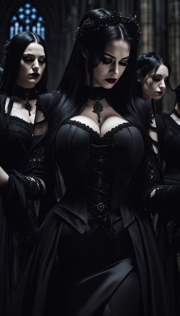 Gothic Woman Praying in Dark Cathedral