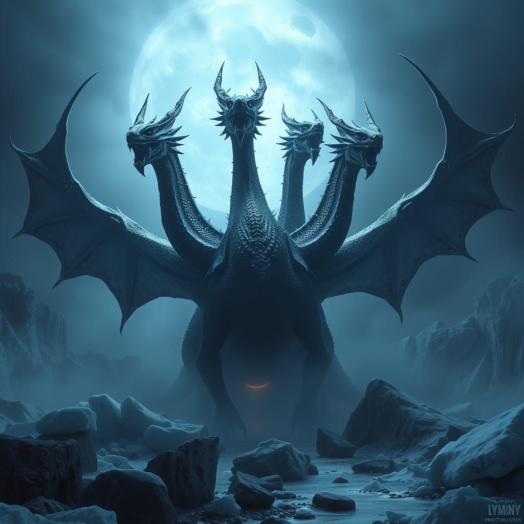 Majestic Seven-Headed Dragon Emerges from Frozen Darkness