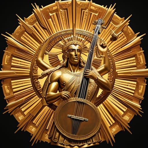 Apollo, the sun god, playing his lyre, surrounded by a sunburst.