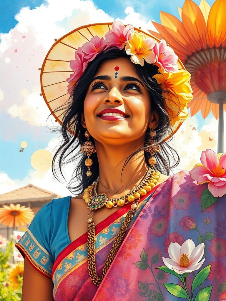 Indian woman in splashy watercolor Illustration