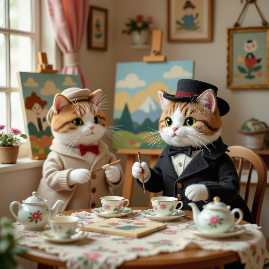 Whimsical Cat Cafe Art Critics in Pastel Felt Style
