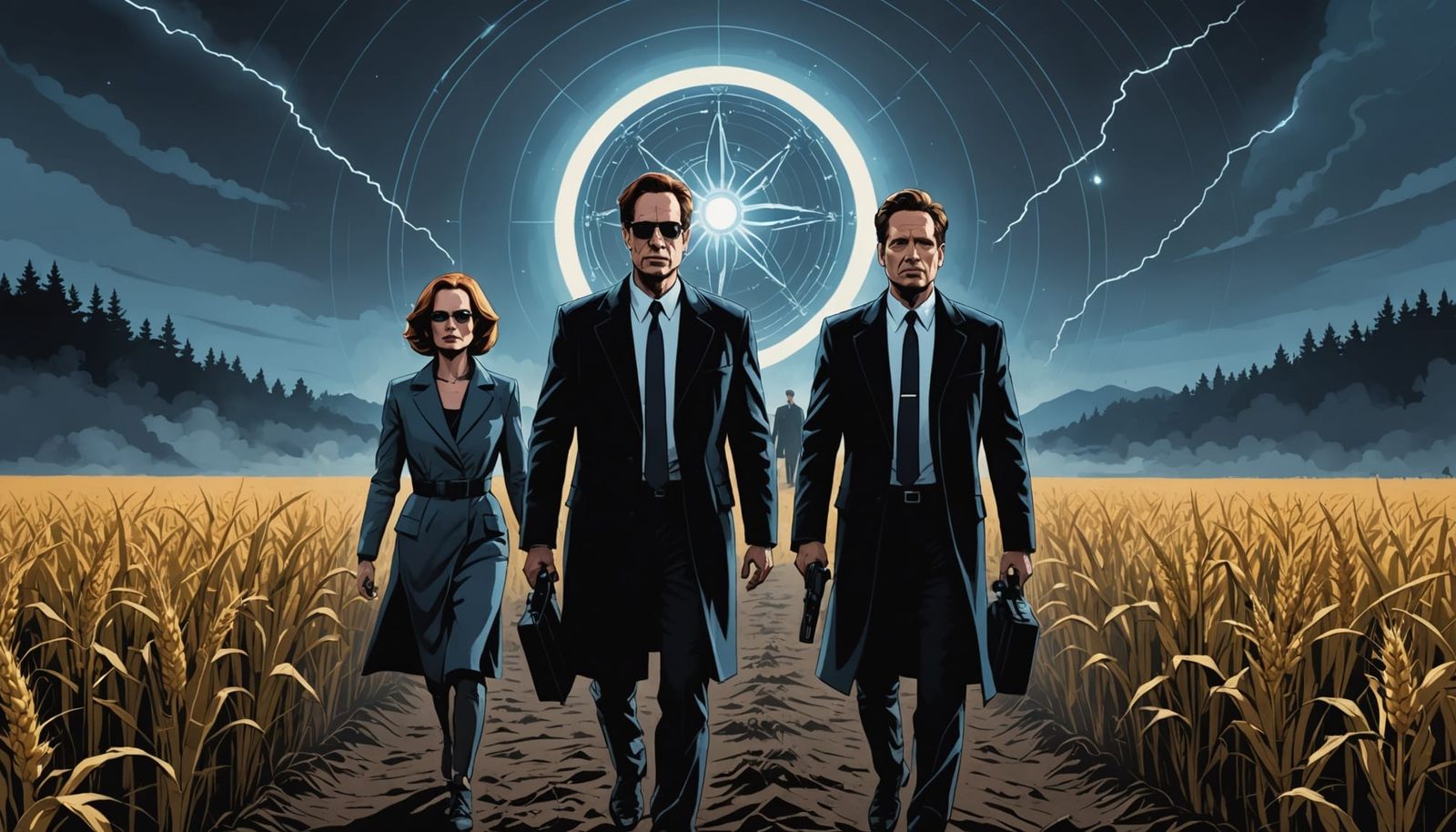 Alien Crop Circle in Misty Cornfield with Agents