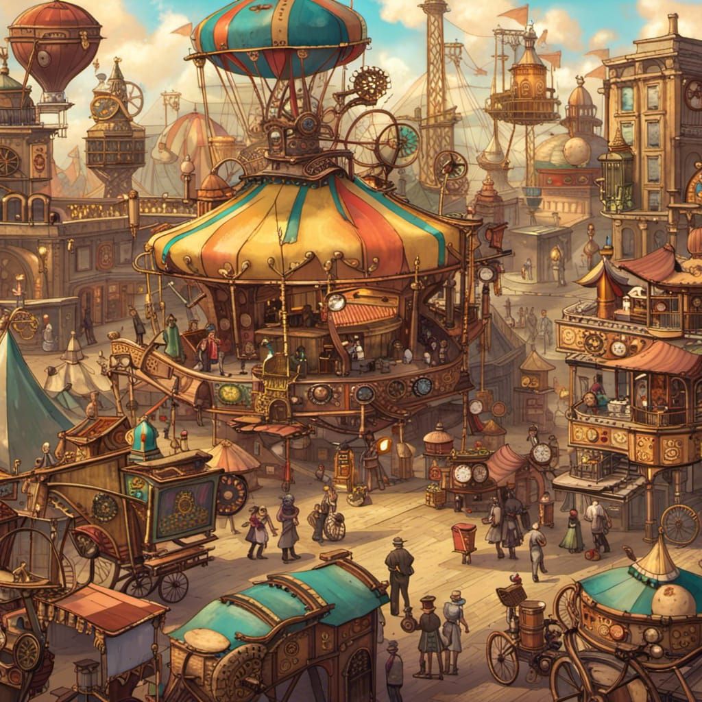 Steampunk Carnival Scene with Clockwork Automatons