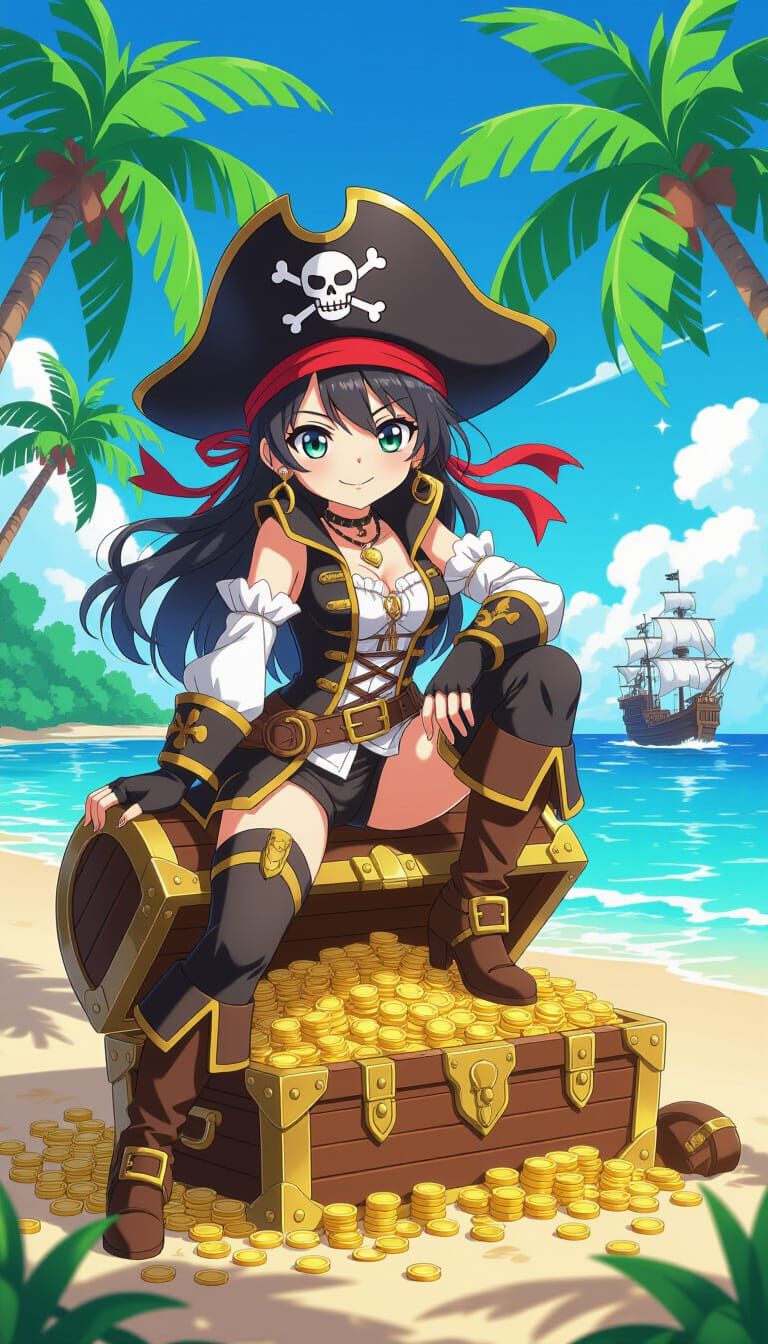 Pirate Girl on Treasure Chest: Anime Style