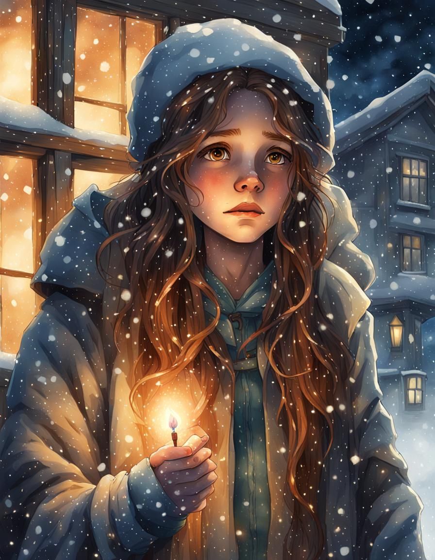 Enchanted Watercolor: Girl with Match in Snow