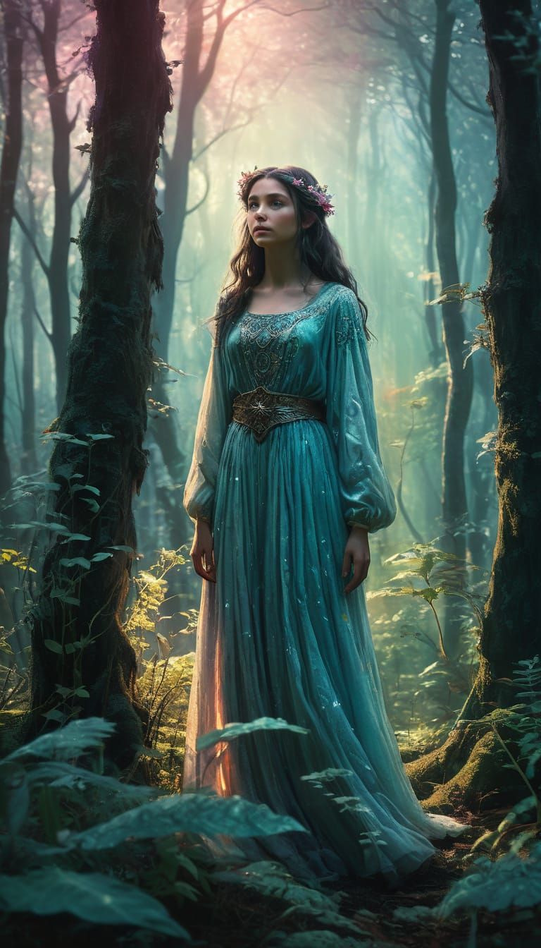 Mystical Woman in Enchanted Forest: Digital Art