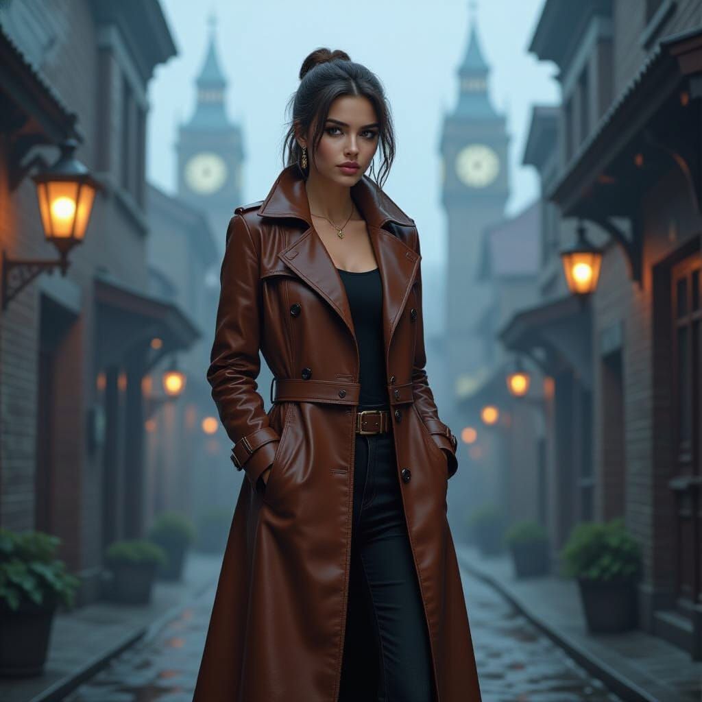 Steampunk Woman in Foggy Alleyway, Syd Mead Style