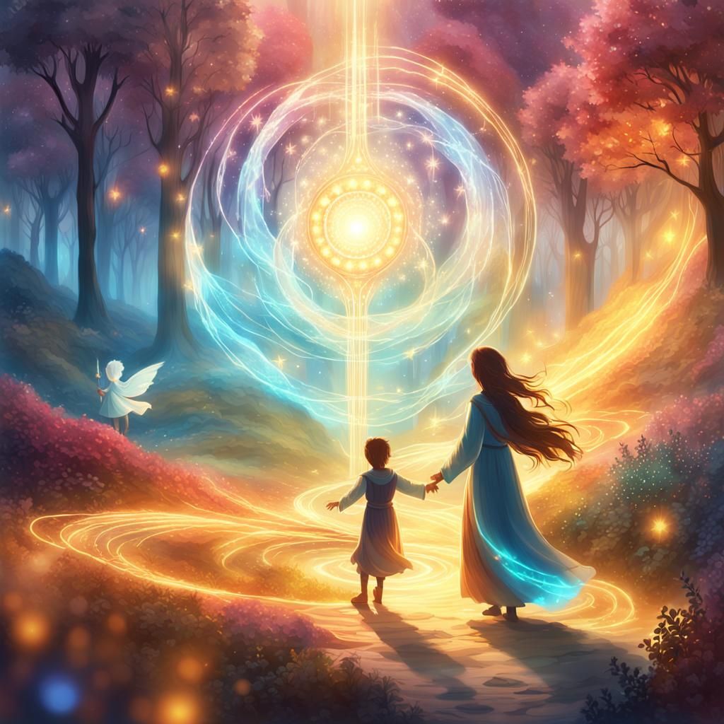 Ethereal Light Beings Playing in a Fantasy Landscape