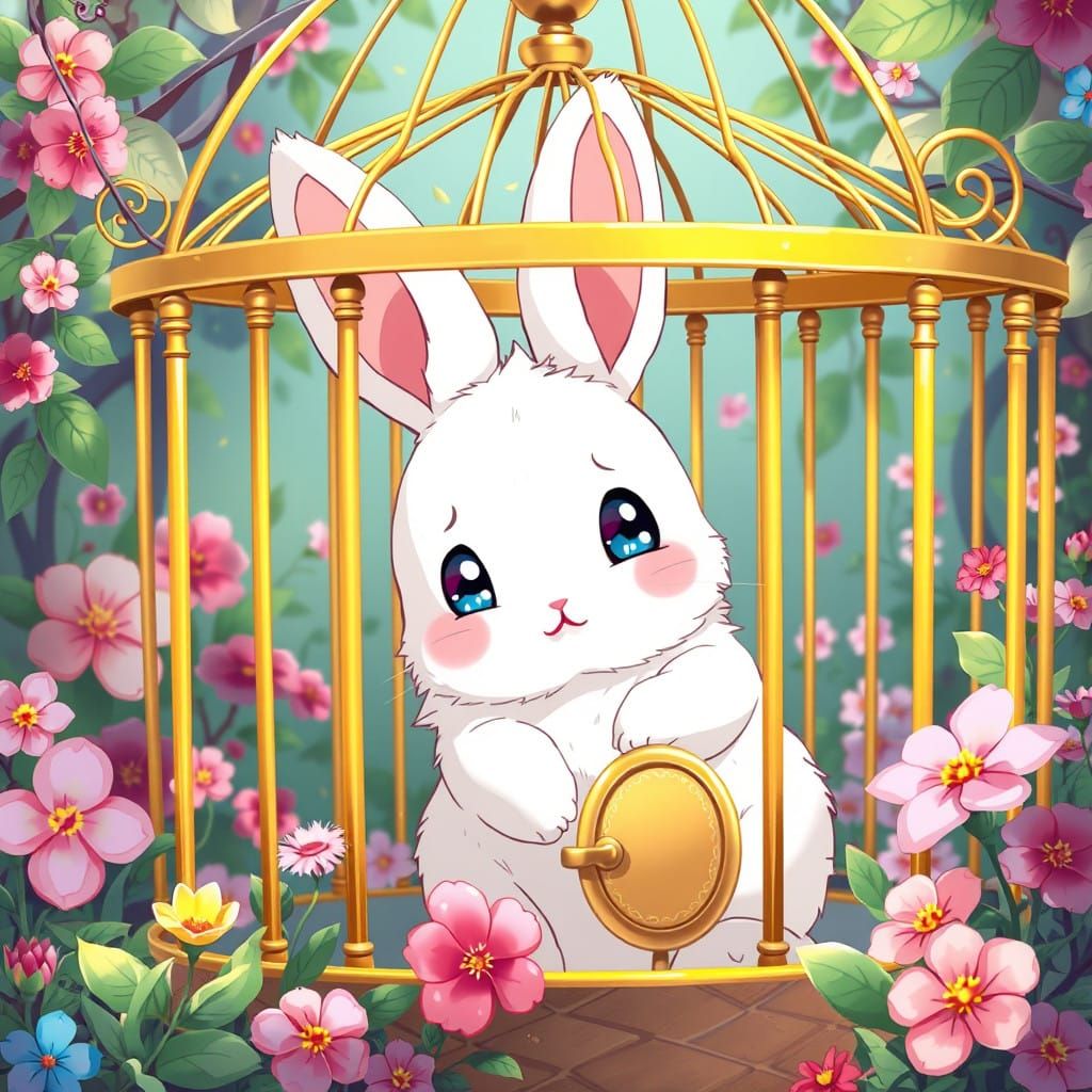 Anime Bunny in Whimsical Golden Cage