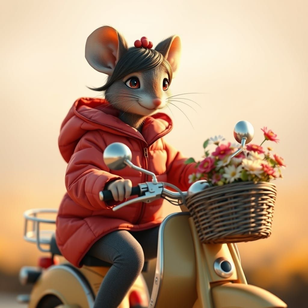 Whimsical Mouse Riding Moped in Sunny Landscape