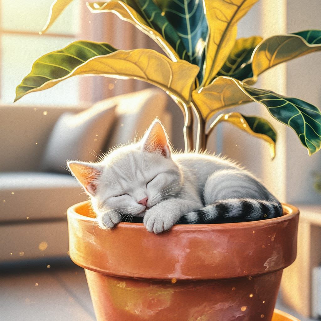 Sleepy Kitten and Ficus Watercolor Painting