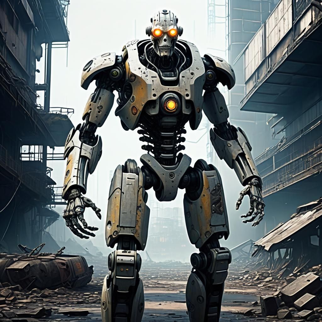 Anime Style Alien Cyborg in Ruined Sci-Fi Landscape