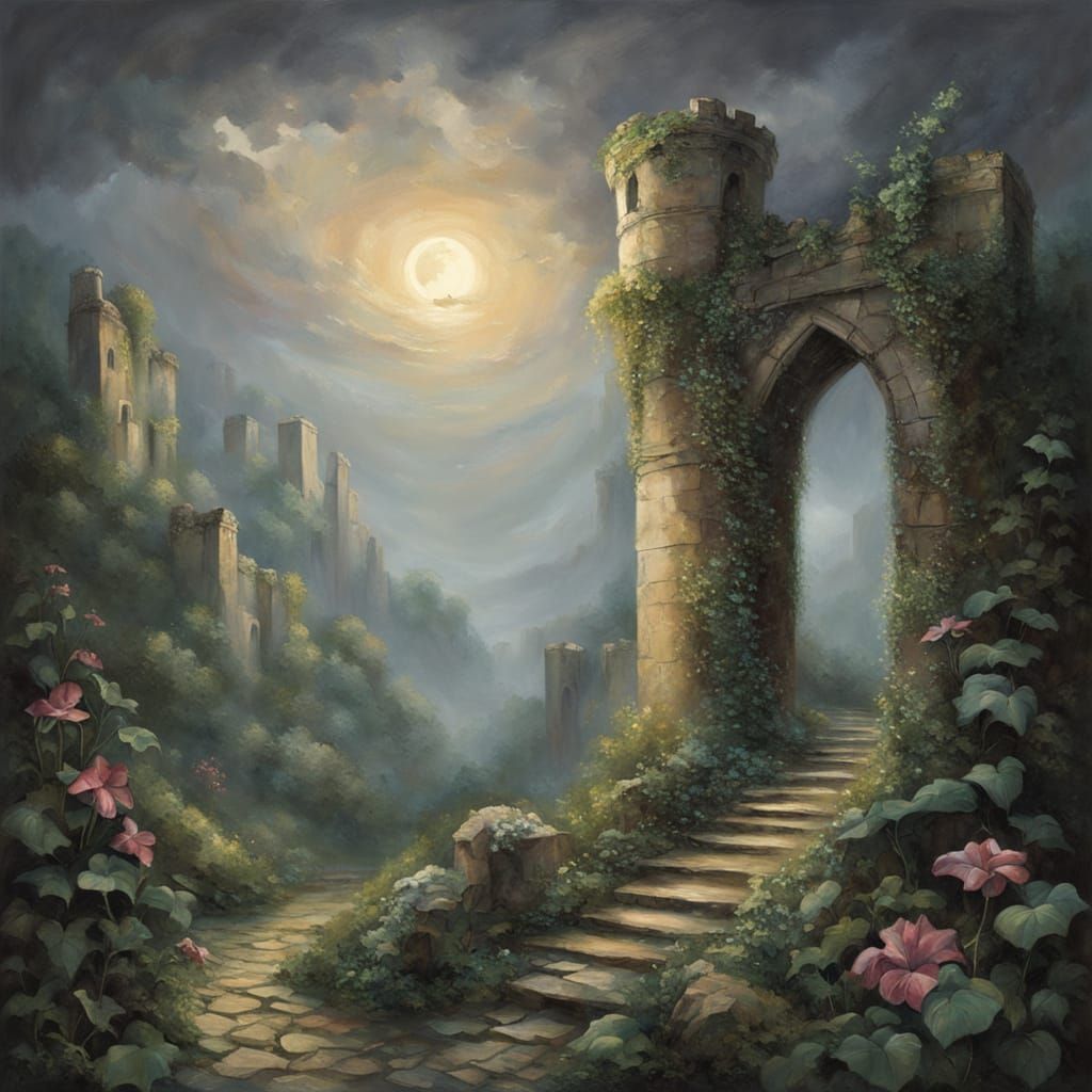 Fantasy Towers in Stormy Sky, Romanticism Style