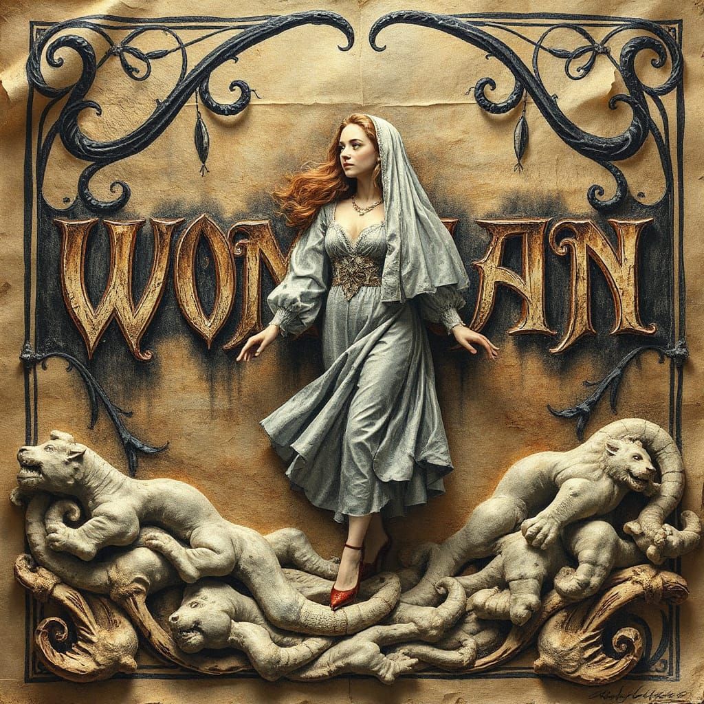 Letter Woman Walks Bestiary in Trompe L'oeil Style